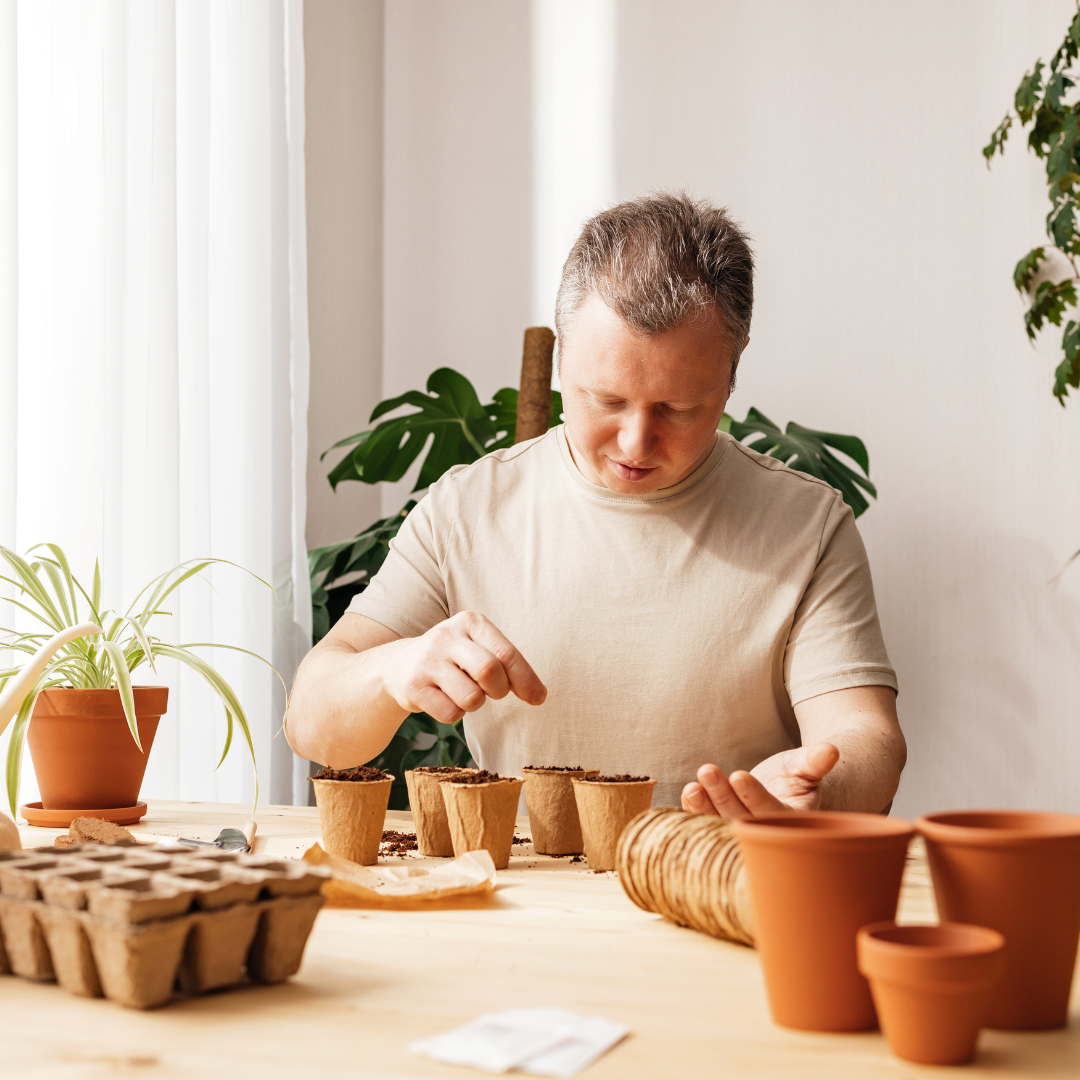 un hombre plantando plantas y semillas en diferentes masetas